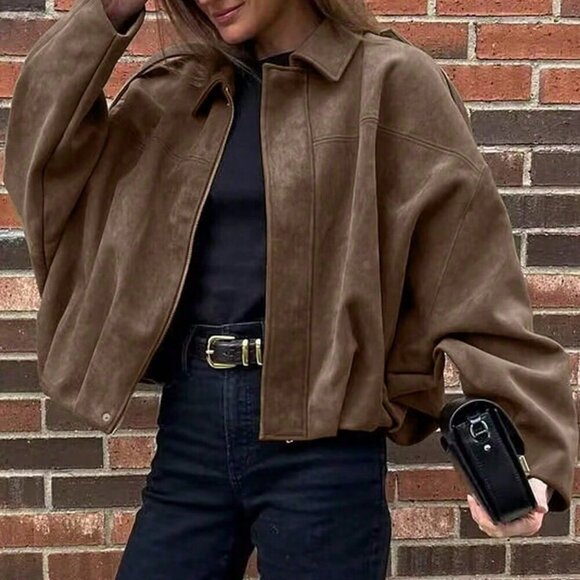 brown Casual Women's  Loose Long Sleeves Zip Jacket Bomber Coat Outerwear - Picture 3 of 6